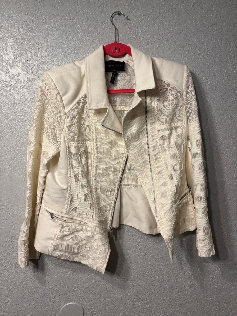 BCBGMaxAzria Cream Lace-Panel Leather Jacket